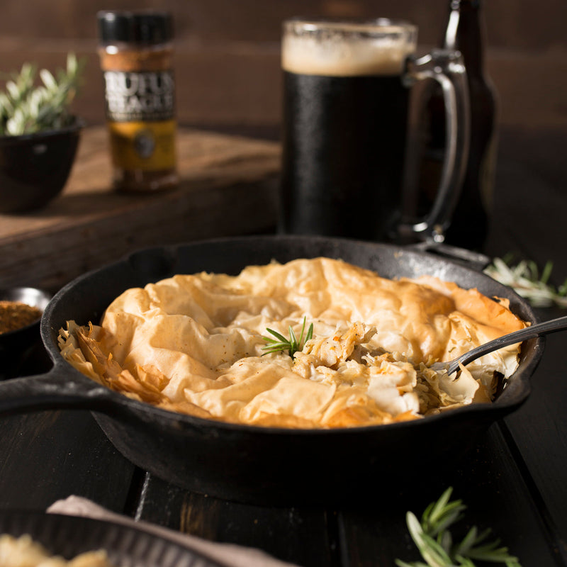Pot pie in iron skillet.